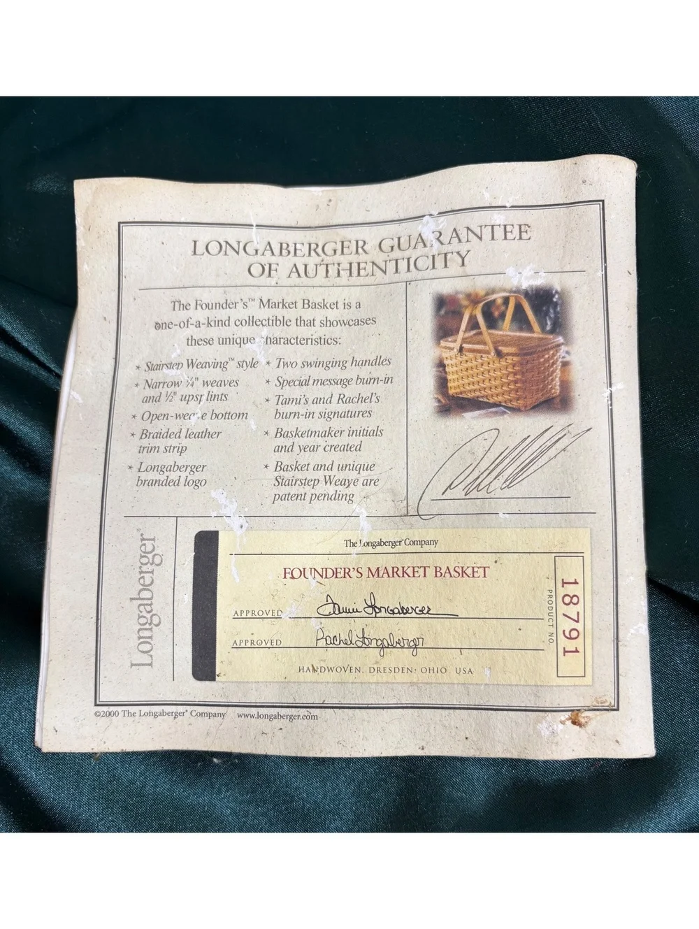 Vintage Longaberger 2000 Founder’s Market Picnic Basket Tribute To Dad